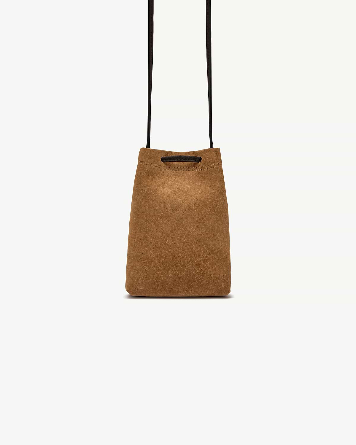 Toffee suede Osette midi pouch with espresso strap hanging against a plain white background.