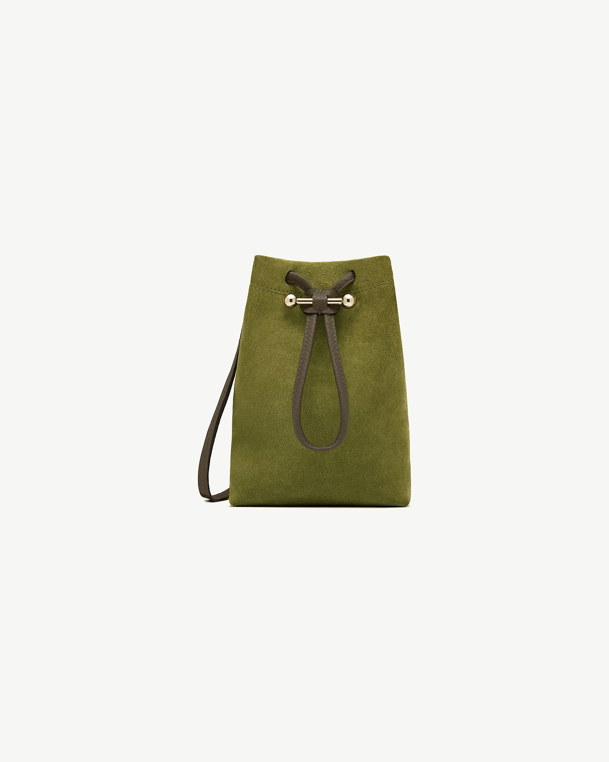 Lime suede and khaki drawstring pouch with gold ball bar hardware