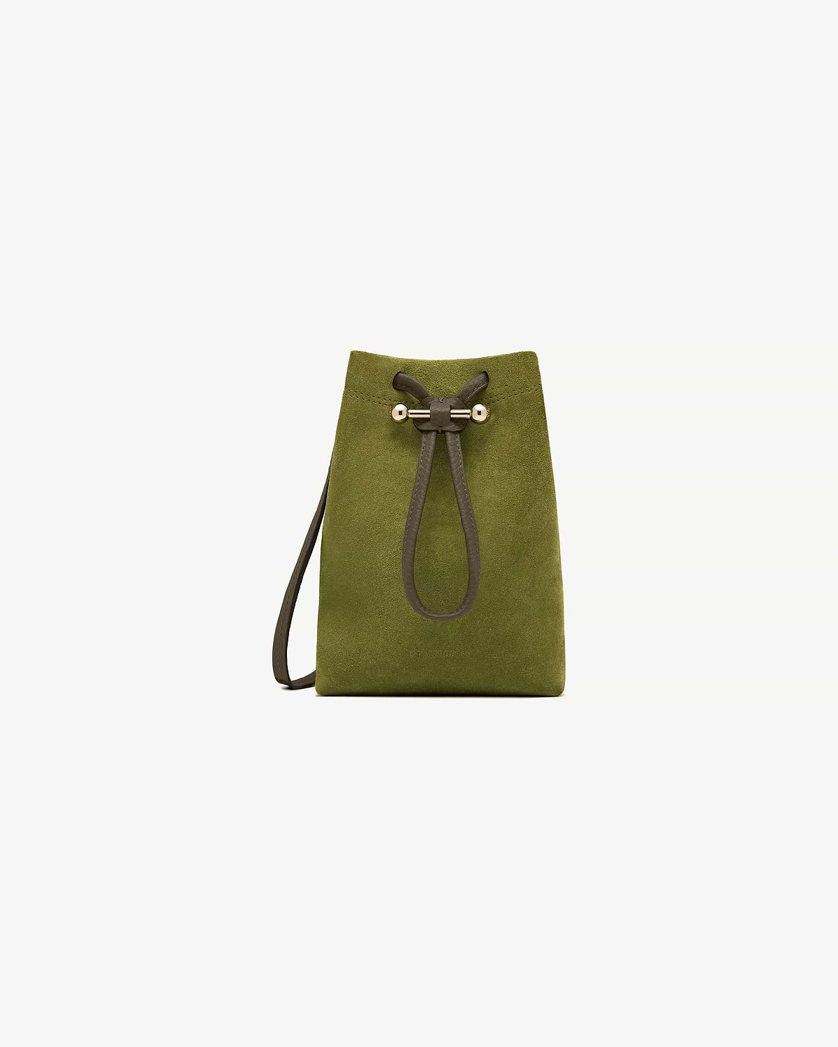 Lime suede and khaki drawstring pouch with gold ball bar hardware