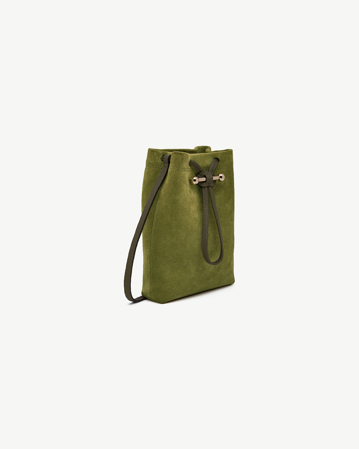 Lime suede drawstring midi pouch with khaki strap and metal toggle
