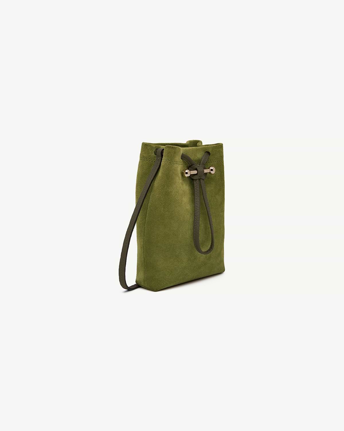 Lime suede drawstring midi pouch with khaki strap and metal toggle