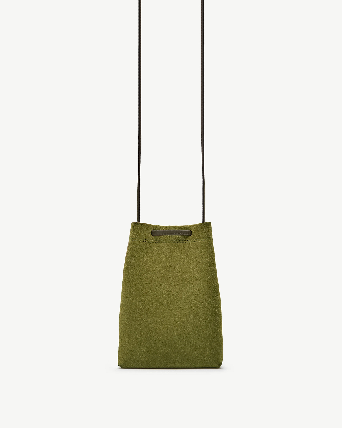 Lime suede midi pouch with khaki leather trim and long dark shoulder cord.