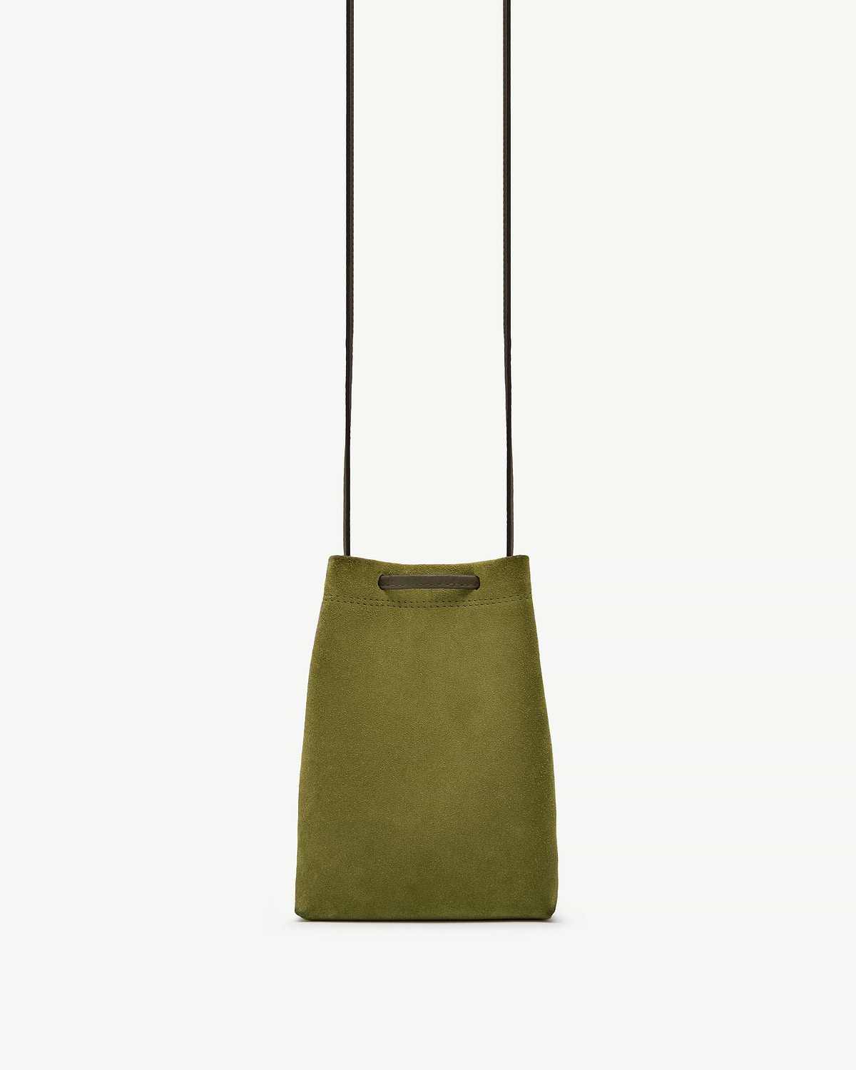 Lime suede midi pouch with khaki leather trim and long dark shoulder cord.