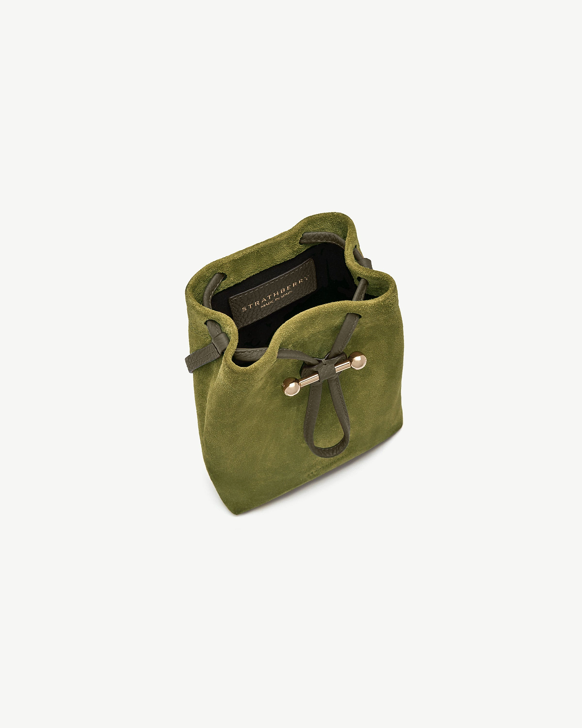 Lime suede drawstring pouch with Strathberry label, khaki drawstring and gold hardware