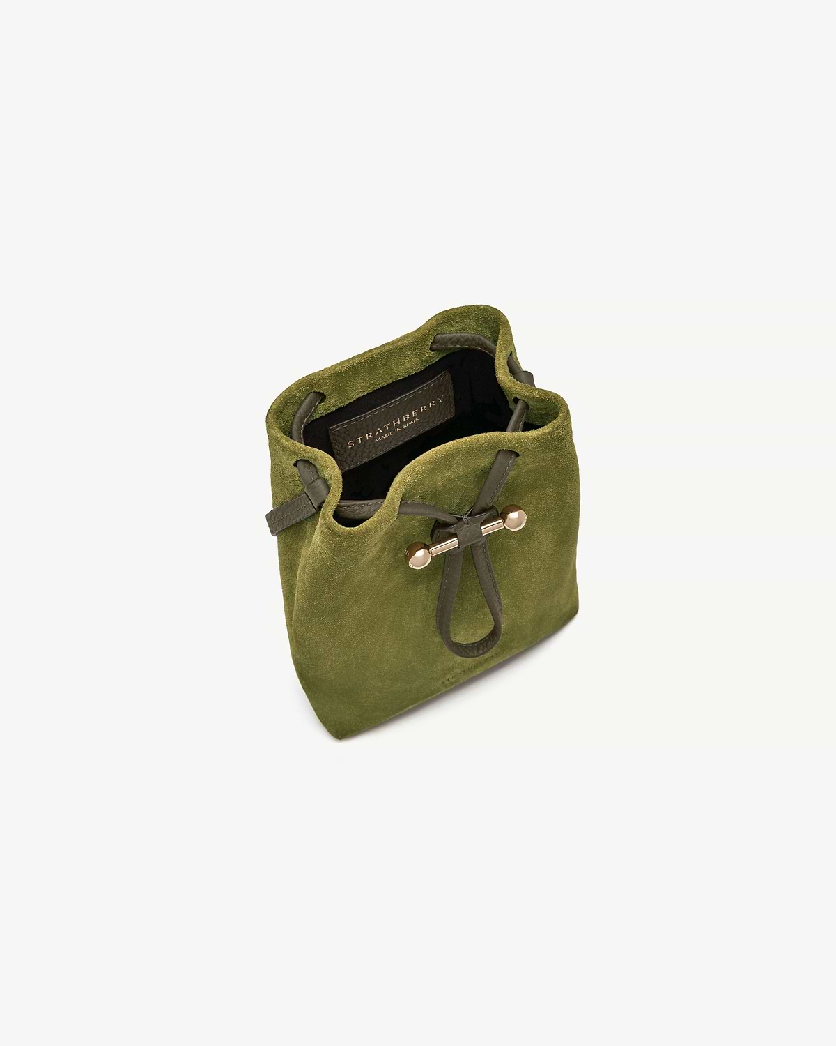 Lime suede drawstring pouch with Strathberry label, khaki drawstring and gold hardware
