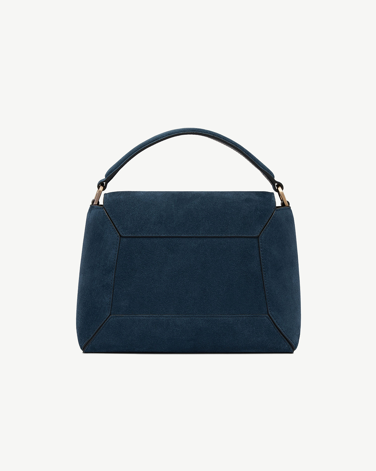 Loch blue suede mosaic bag with top handle and geometric panel stitching.