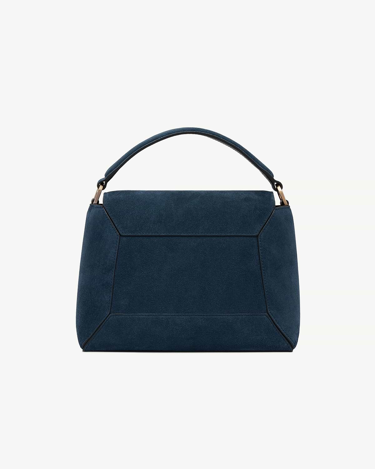 Loch blue suede mosaic bag with top handle and geometric panel stitching.