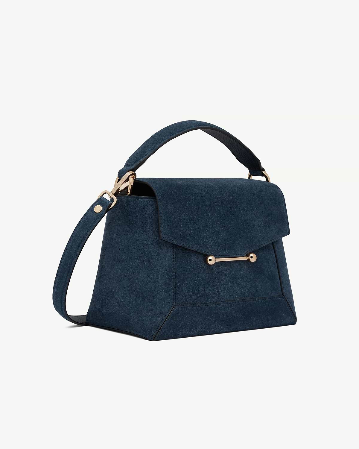 Loch blue suede mosaic bag with top handle, flap and gold bar detail