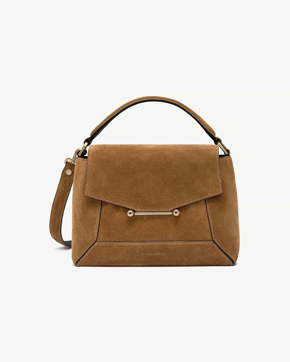 Strathberry Mosaic bag in toffee suede with espresso trim and gold bar detail