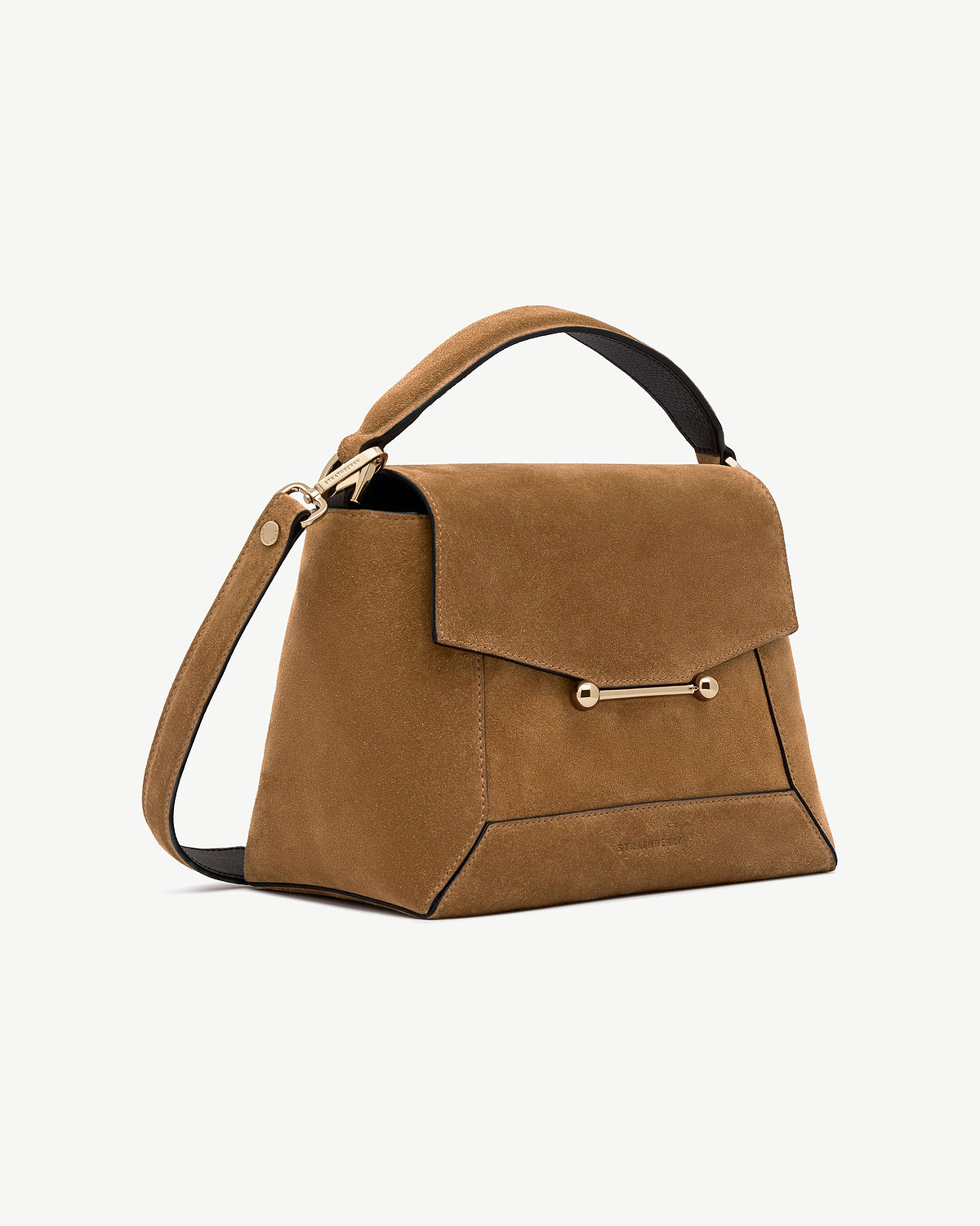 Strathberry Mosaic bag in toffee suede with espresso handle and gold bar clasp