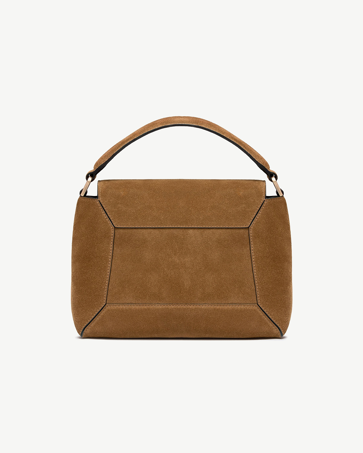 Top portion of a toffee suede mosaic bag with espresso-trimmed handle.