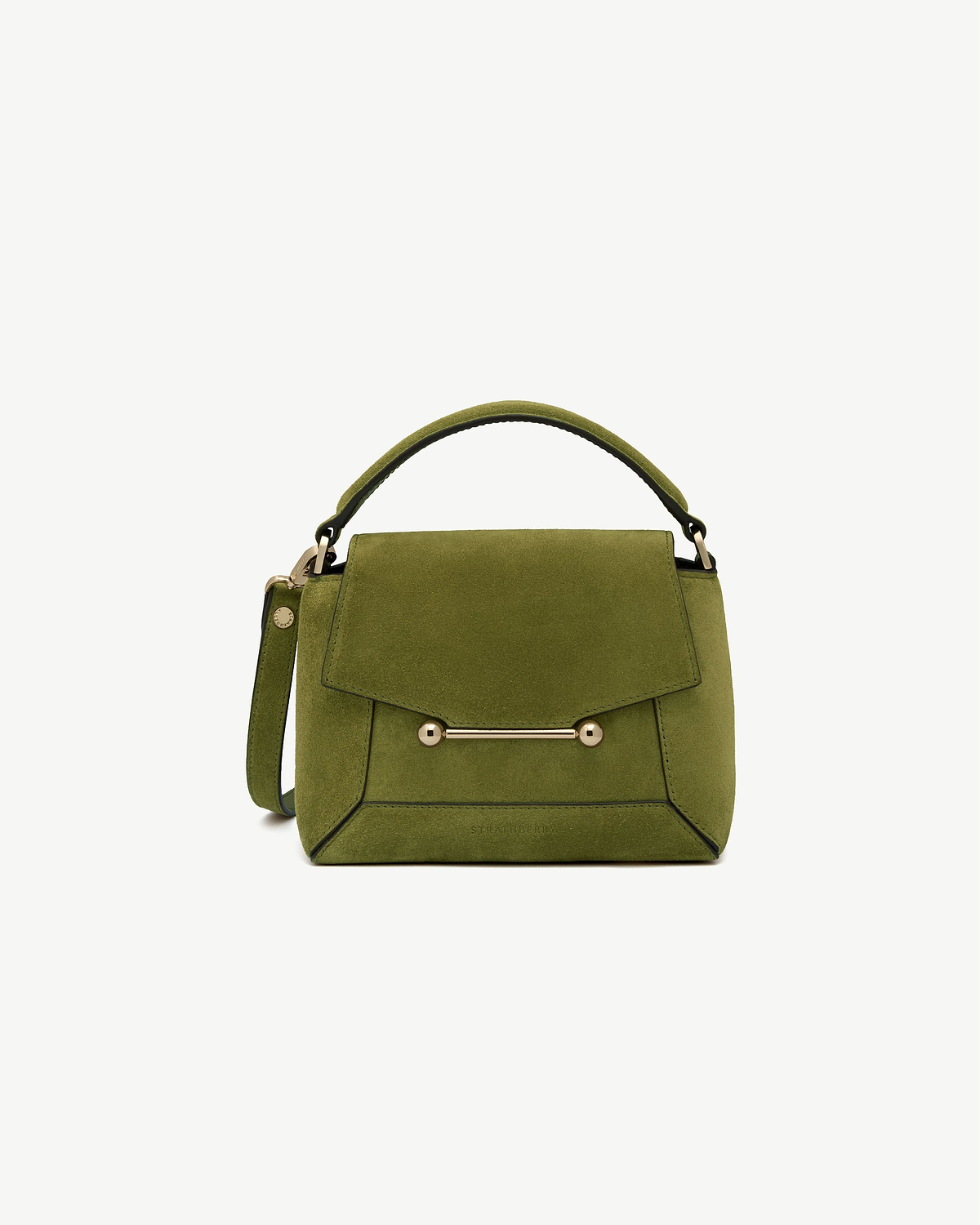 Lime suede small top-handle bag with gold bar hardware and shoulder strap
