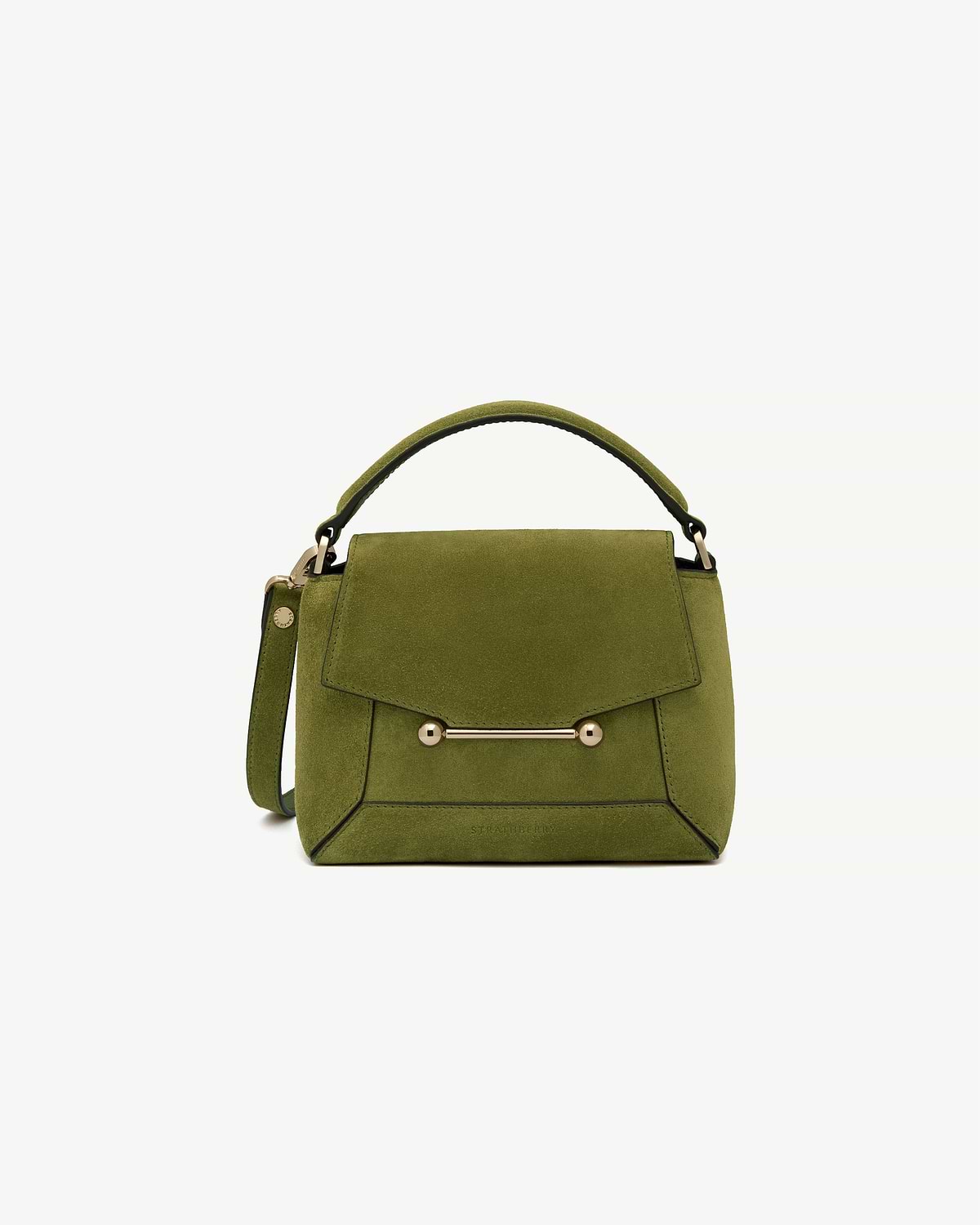 Lime suede small top-handle bag with gold bar hardware and shoulder strap