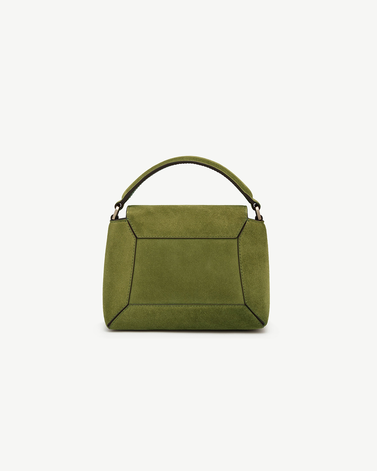 Lime suede top-handle bag with khaki trim and geometric stitched panels