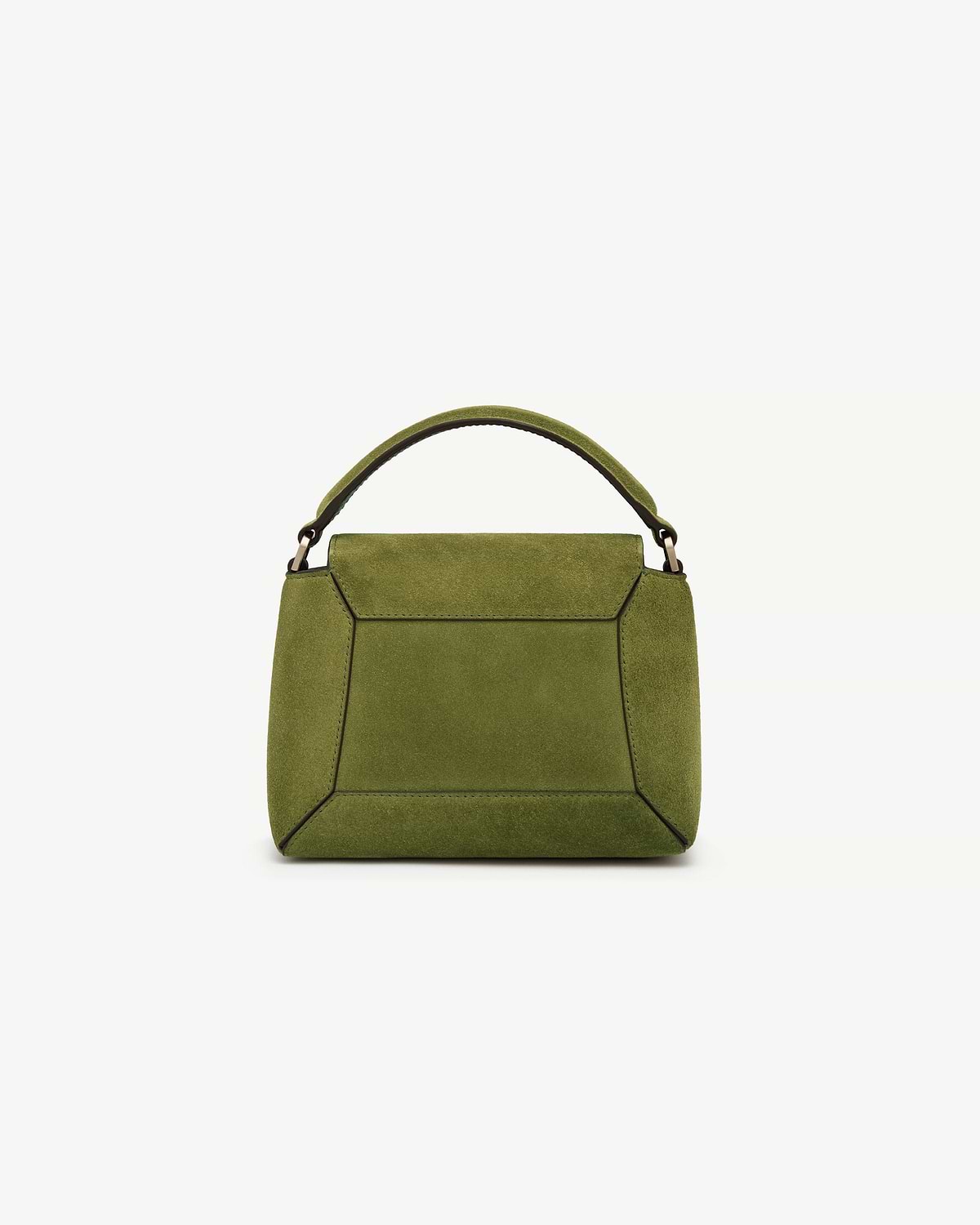 Lime suede top-handle bag with khaki trim and geometric stitched panels