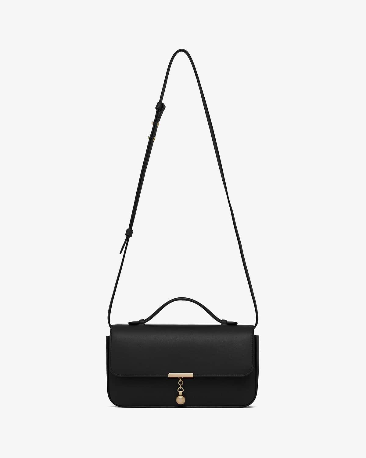 Black clutch with top handle, adjustable shoulder strap and gold clasp charm.