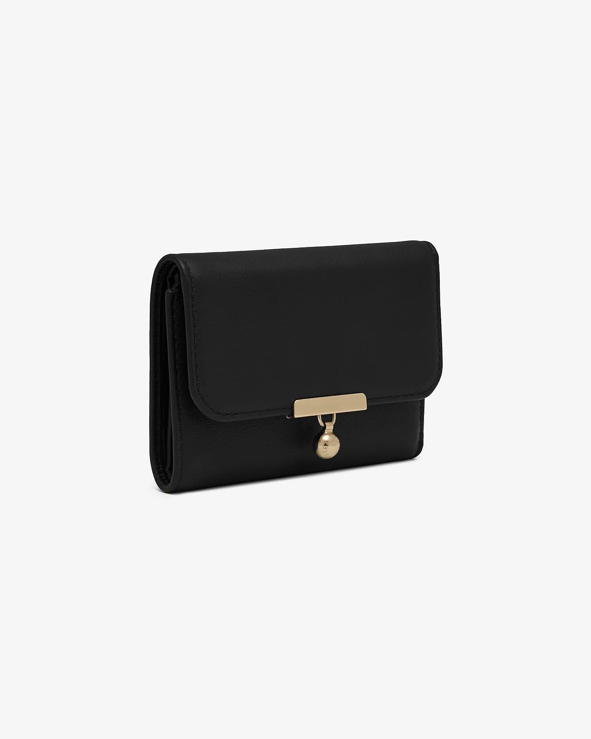 Black trifold wallet with gold bar clasp and hanging round charm.