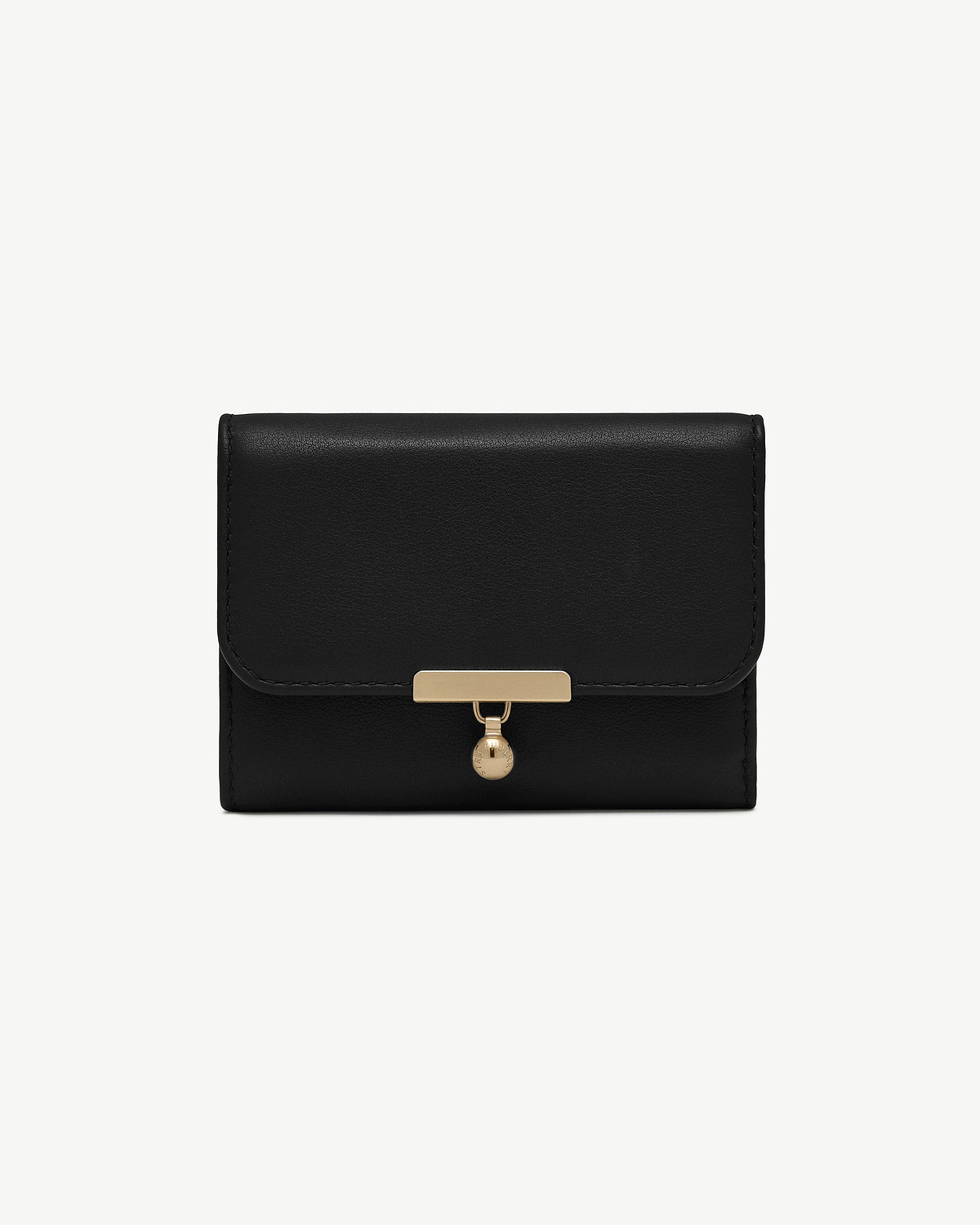 Black trifold wallet with gold bar closure and round engraved charm.