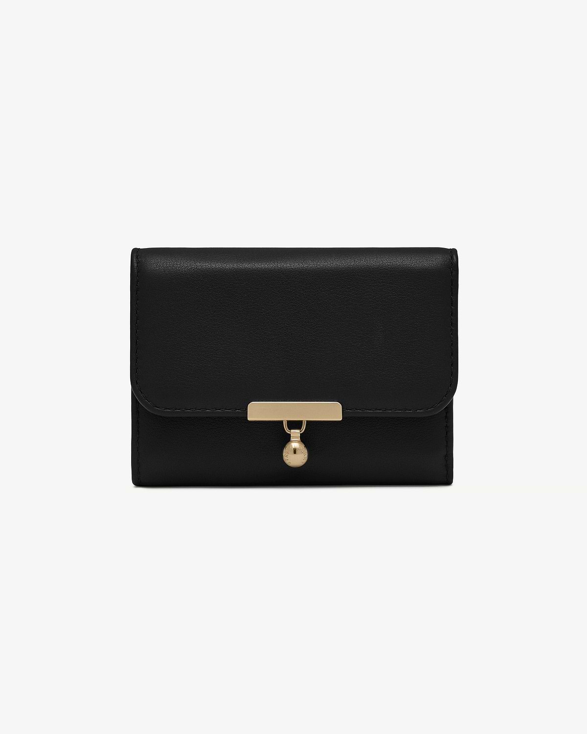 Black trifold wallet with gold bar closure and round engraved charm.