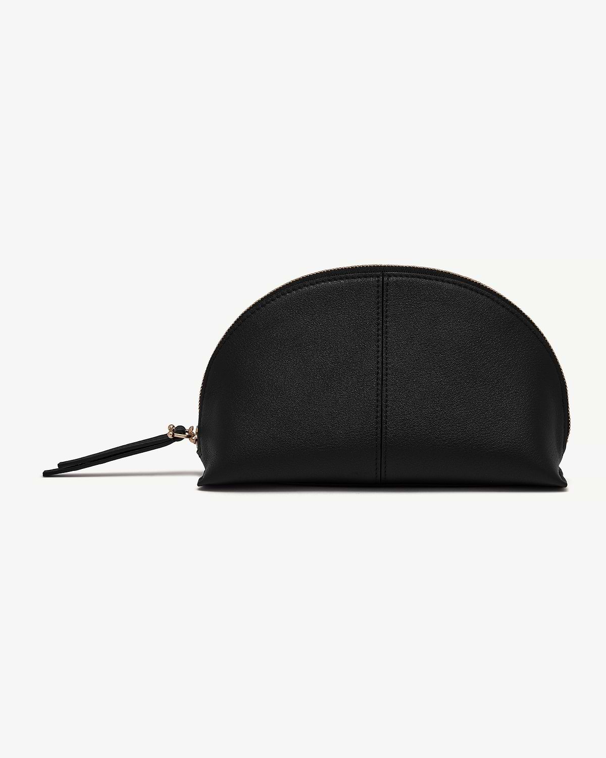 Black semi-circular leather pouch with gold zip and wrist strap on white.