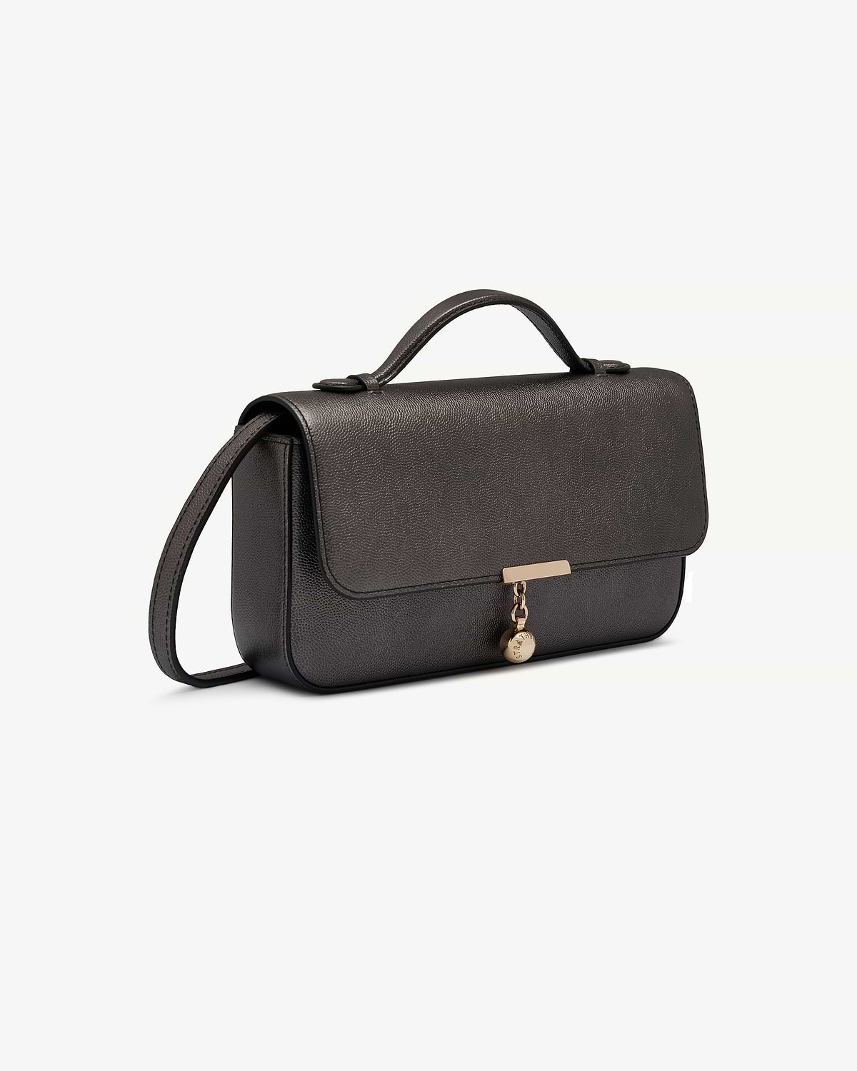 Metallic anthracite caviar leather Nocturn clutch with top handle and gold charm.
