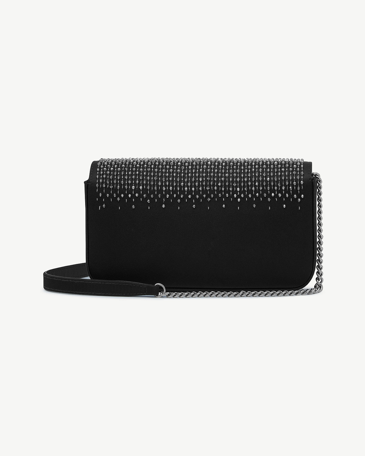 Black embroidered satin clutch with cascading beads and silver chain strap.