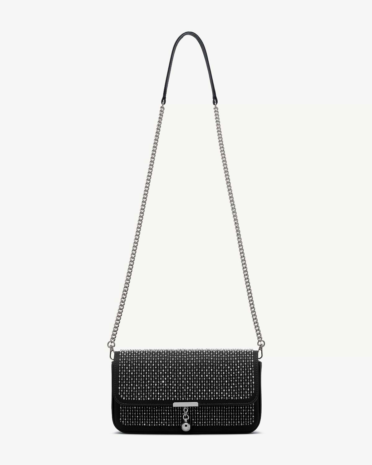 Black embroidered satin clutch with silver chain strap and crystal studs