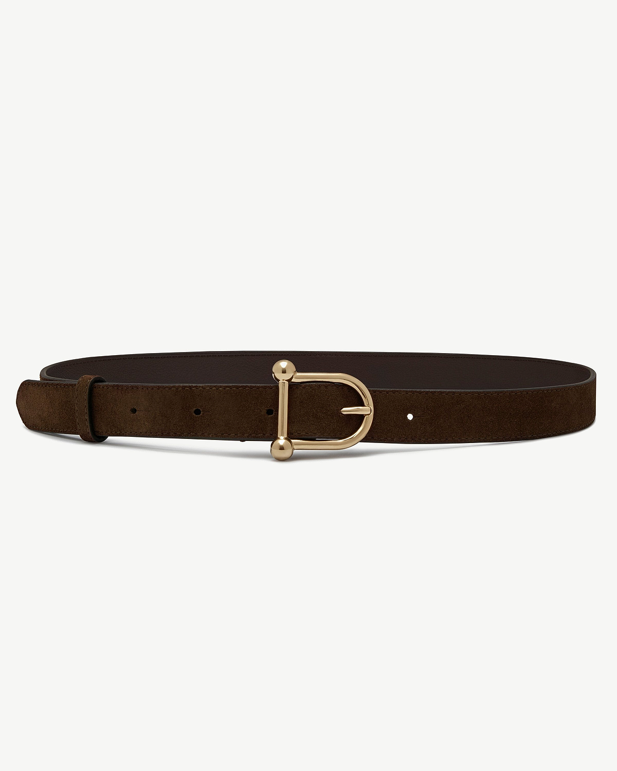 Chocolate suede Islay belt with gold D-shaped buckle, laid flat on white.
