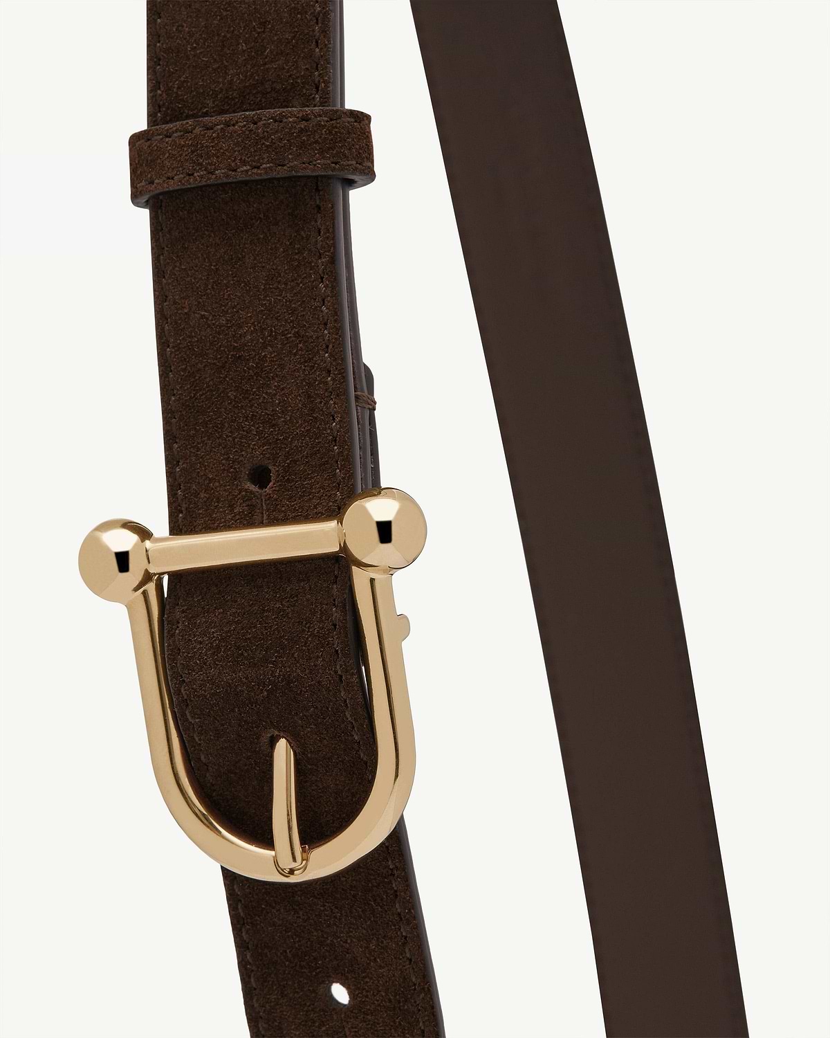 Chocolate suede belt section showing gold metal buckle and strap.