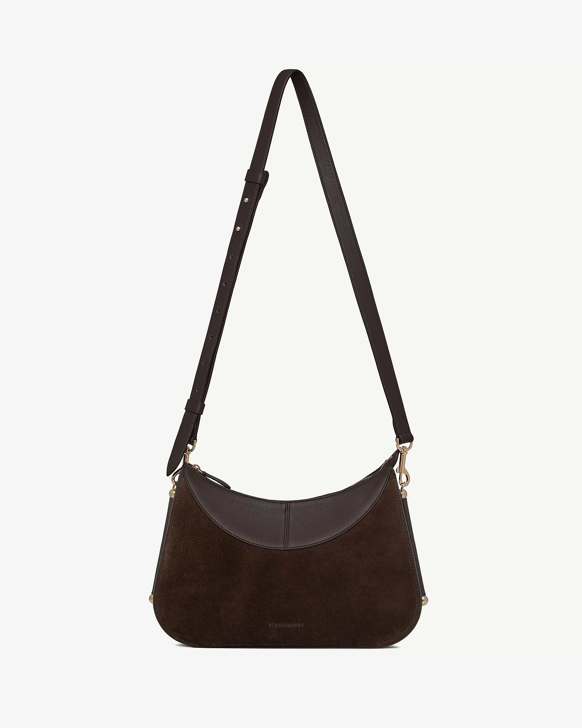 Strathberry Nest Shoulder bag in espresso suede with adjustable strap and leather trim.