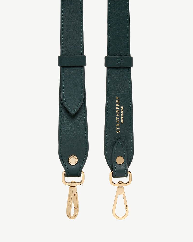 Bottle green adjustable leather strap with gold hardware and Strathberry logo