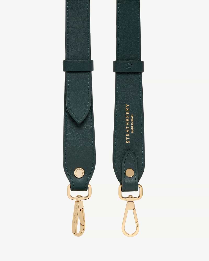 Bottle green adjustable leather strap with gold hardware and Strathberry logo