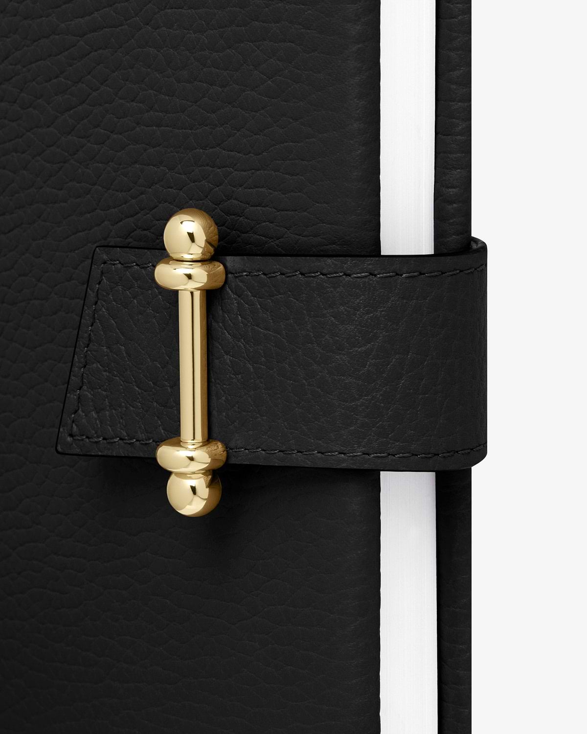 Black leather notebook with gold bar clasp and white page edges.