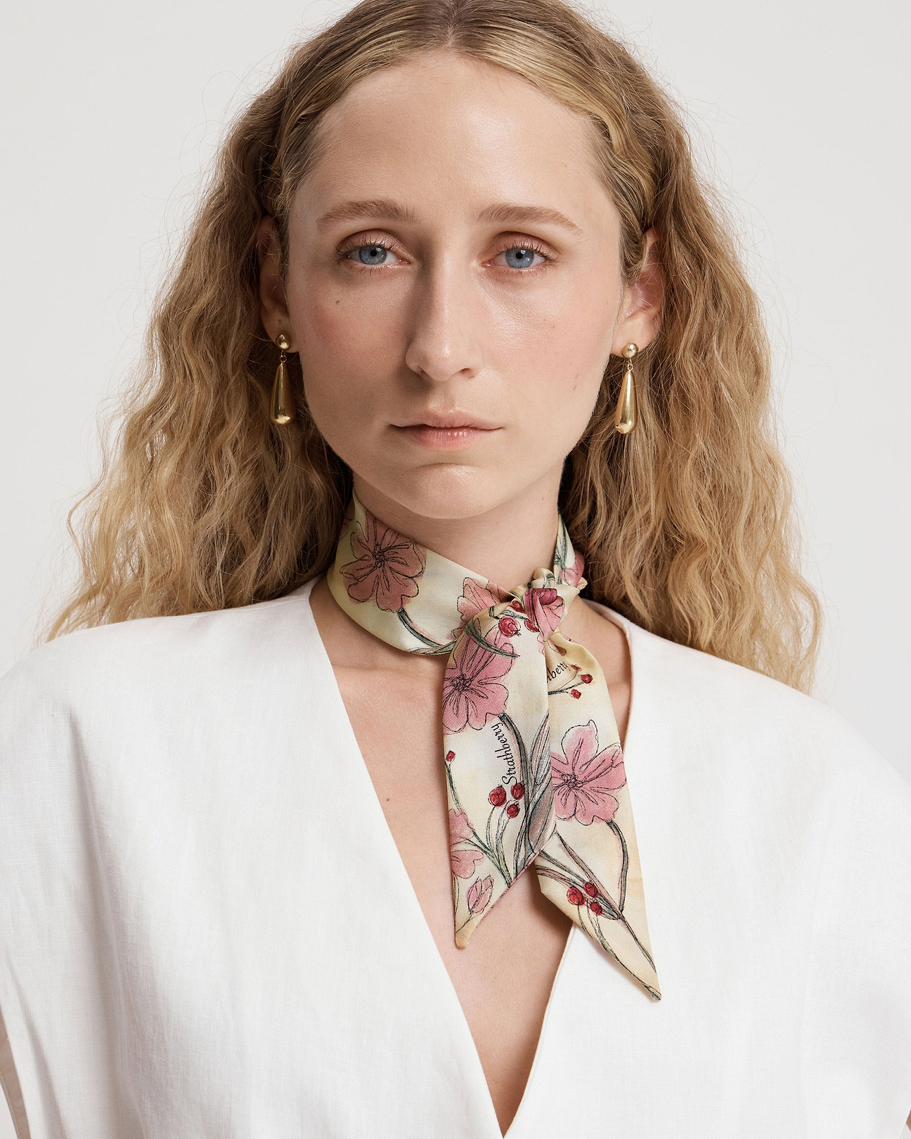 Silk Skinny Scarf - Butter Yellow Berry Flower | Strathberry