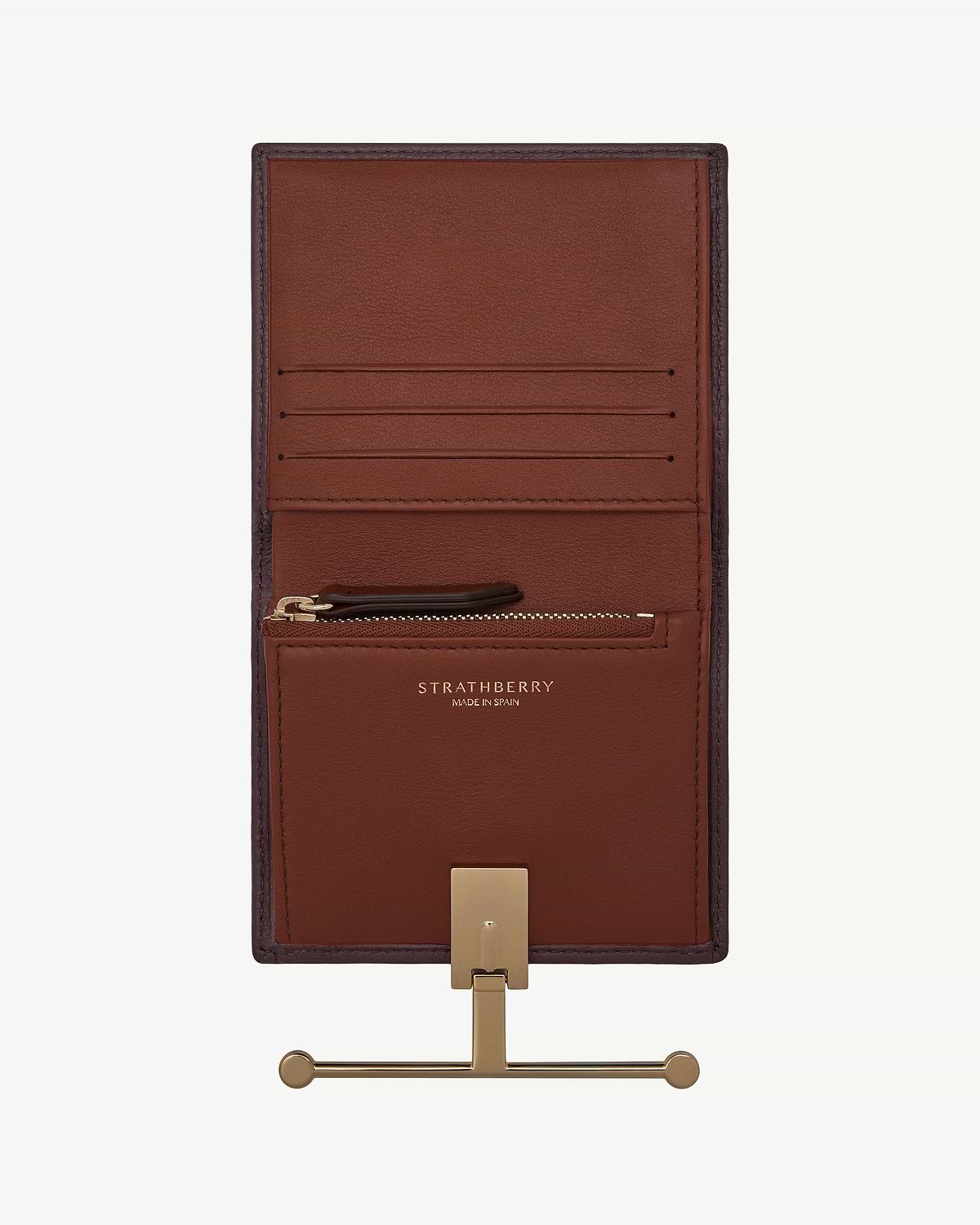 Strathberry Melville Street wallet in burgundy and walnut leather with zip pocket and gold hardware