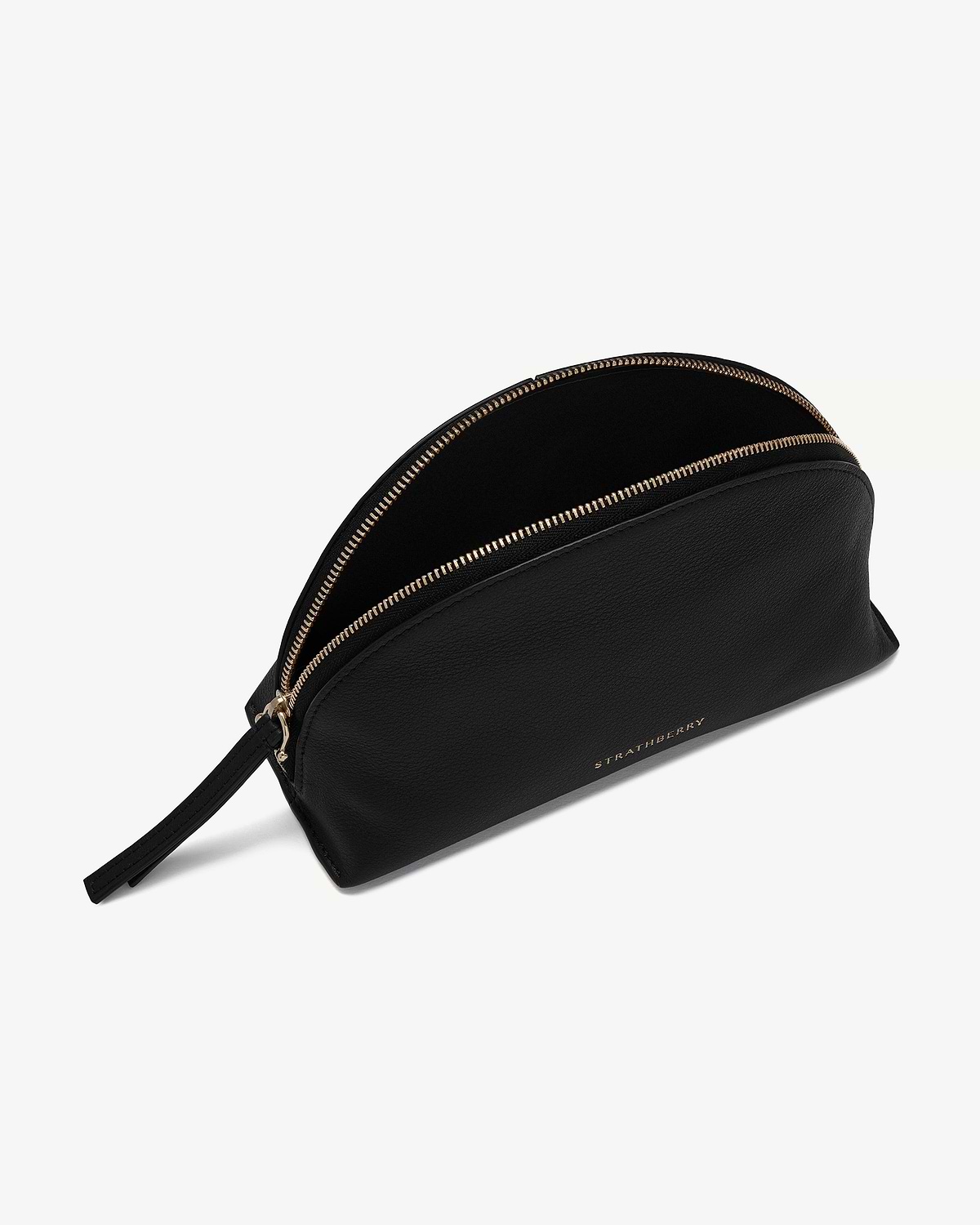Black leather nest pouch with gold zip and Strathberry logo.