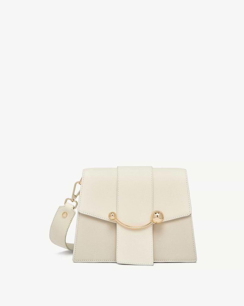 Vanilla and diamond leather box crescent bag with gold curved bar and shoulder strap.