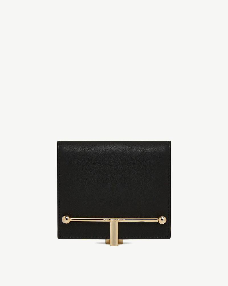 Black Melville Street wallet with gold T-bar closure on white background.