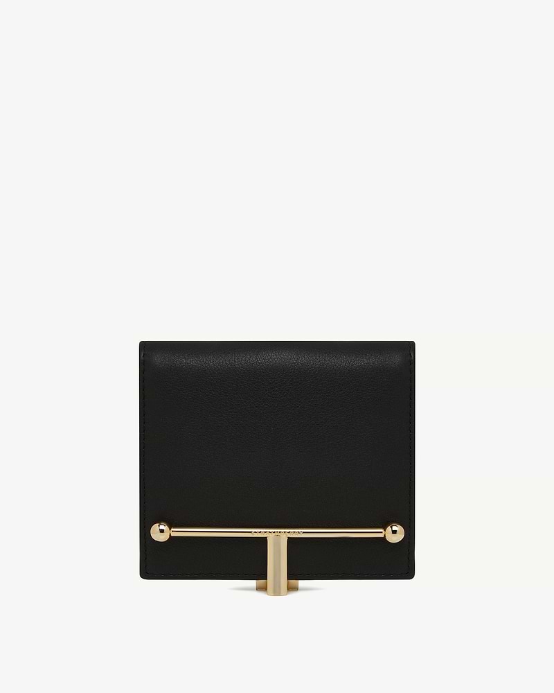 Black Melville Street wallet with gold T-bar closure on white background.