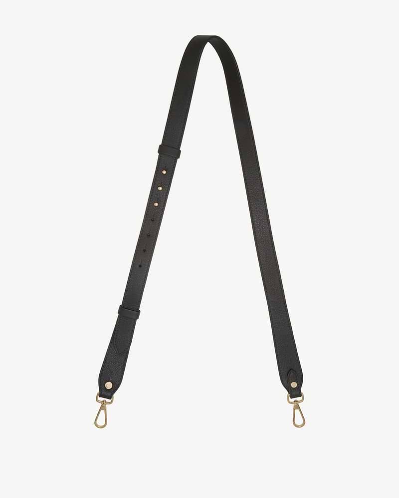 Black adjustable leather strap with gold swivel hooks and adjustment holes.