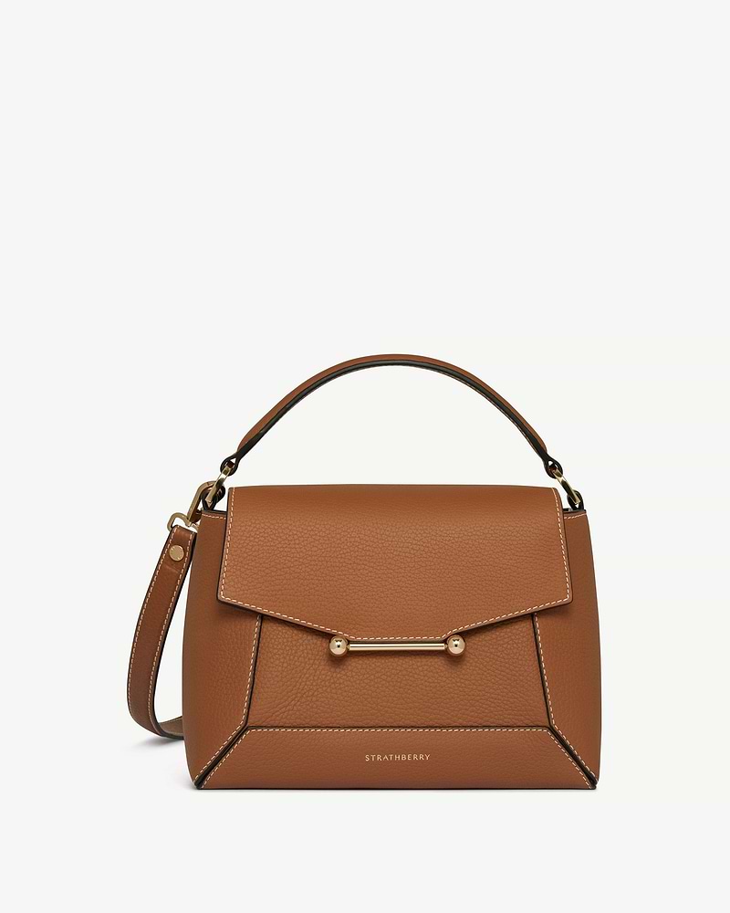 Tan mosaic bag with vanilla stitching, top handle, gold bar hardware, Strathberry logo