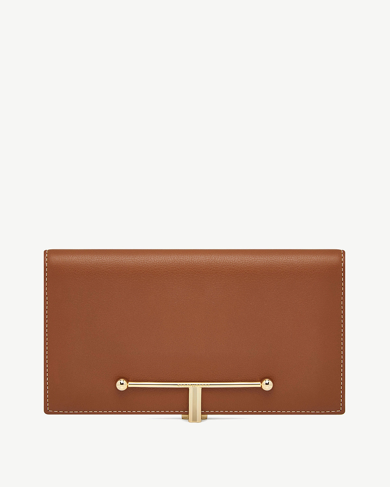 Chestnut leather large Melville Street wallet with vanilla stitching and gold T-bar closure