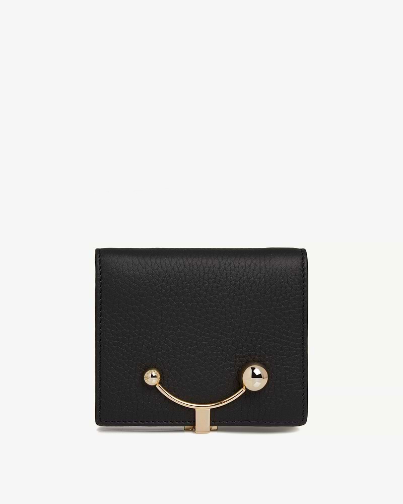 Black pebbled leather crescent wallet with curved gold metal clasp and ball ends