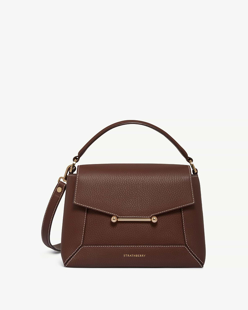 Strathberry Mosaic bag in chocolate leather with vanilla contrast stitching.