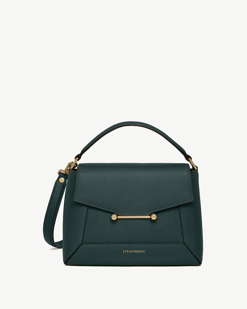 Bottle green Strathberry mosaic bag with top handle and gold bar detail.