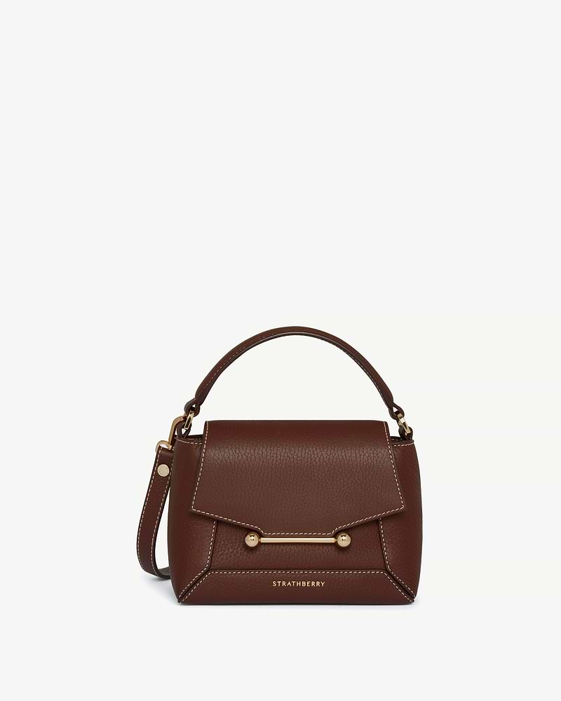 Strathberry Mosaic Nano top-handle bag, chocolate leather with vanilla stitch and gold bar.