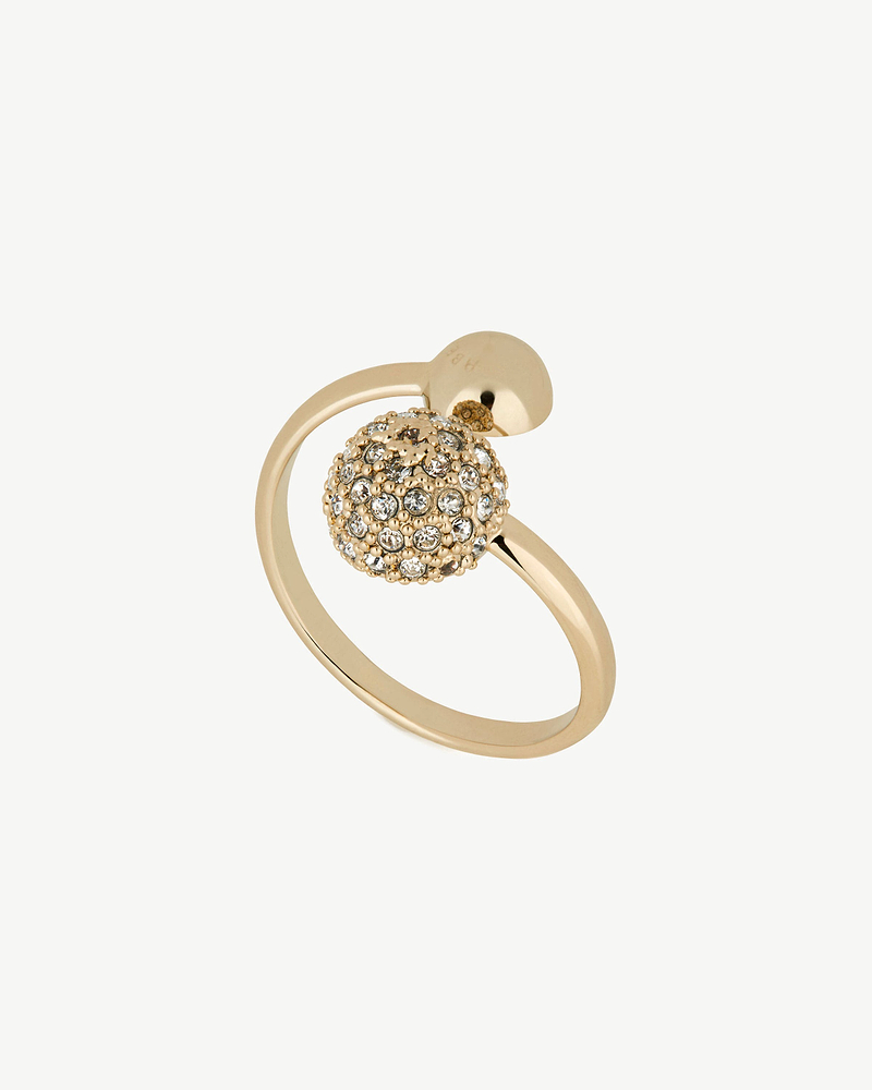Polished gold ring with pavé crystal ball on crescent band.
