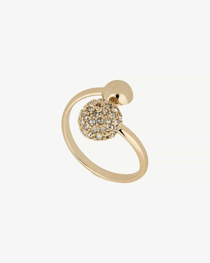 Polished gold ring with pavé crystal ball on crescent band.