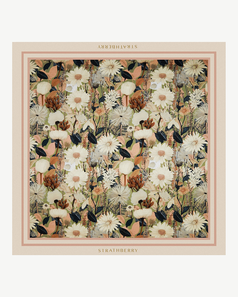 Strathberry silk square scarf with autumn floral print and pale pink border.