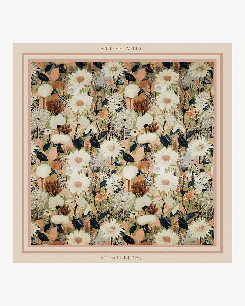 Strathberry silk square scarf with autumn floral print and pale pink border.